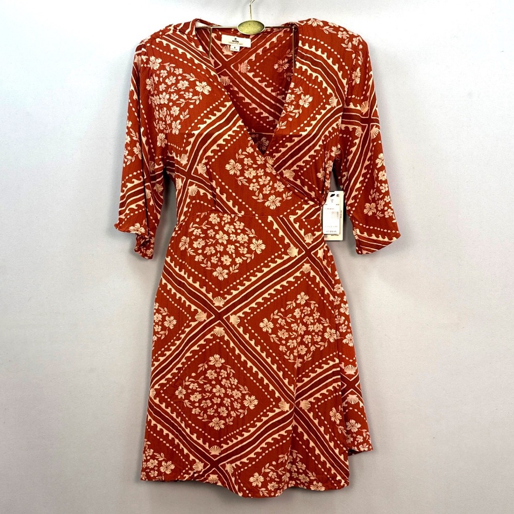 NWT -  Curl Soleil Wrap Mini Dress Rust Orange Floral Tile Print 3/4 Sleeve S